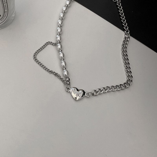 Heart shaped pendant with pearl detail on beaded stainless steel chain