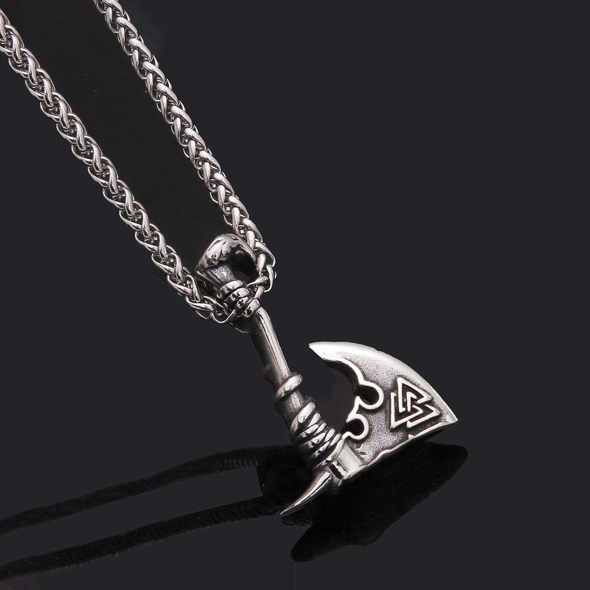 Titanium steel axe pendant necklace on a stainless twist chain for men and women.
