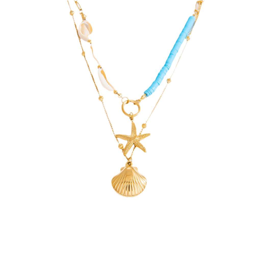 A double-layered gold-colored titanium steel pendant necklace with pearl and shell geometric elements on a white background.