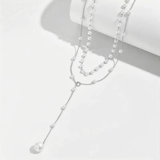 MYH double layer pearl necklace steel chain full length view