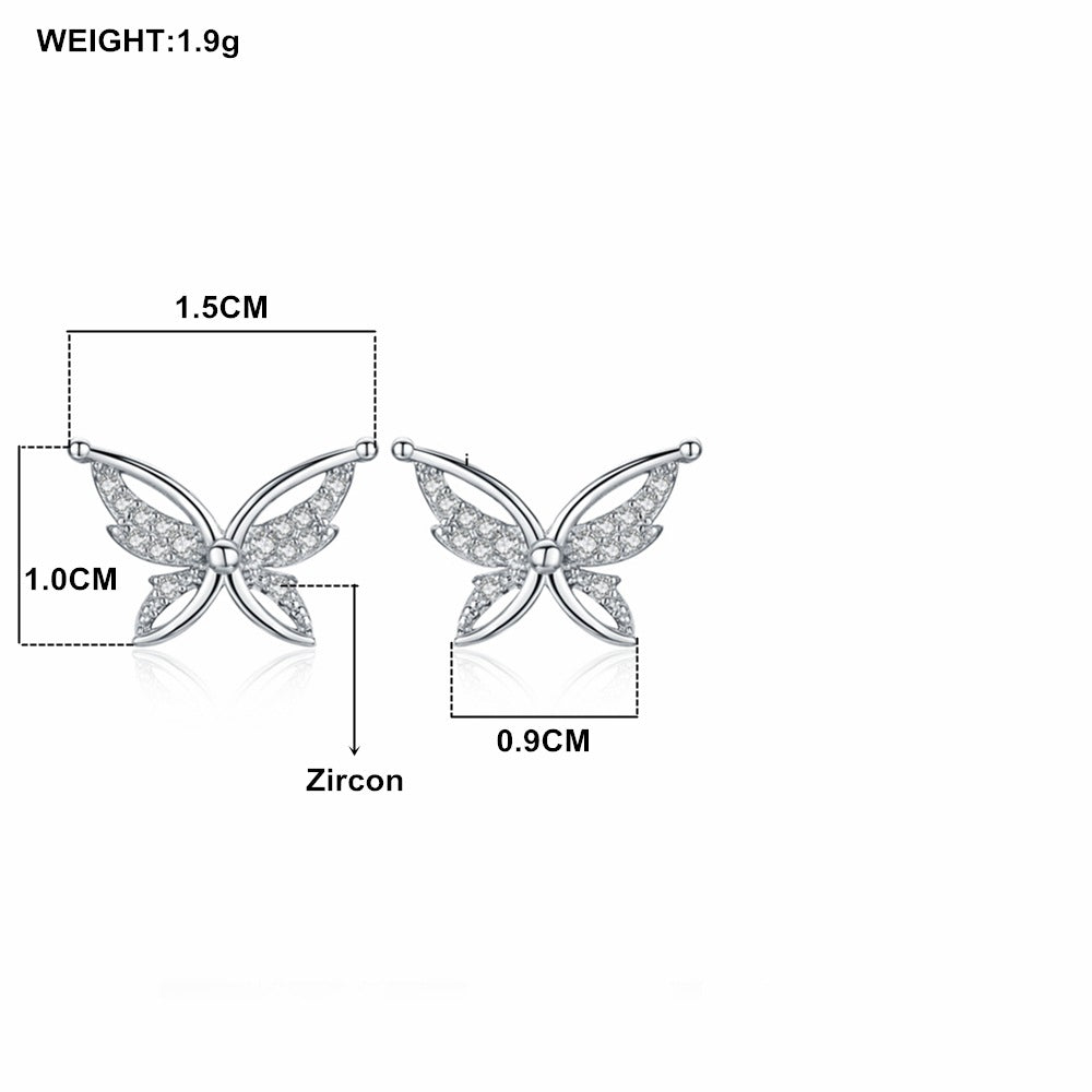 Butterfly stud earrings product shots showing dimensions and rhinestone placement