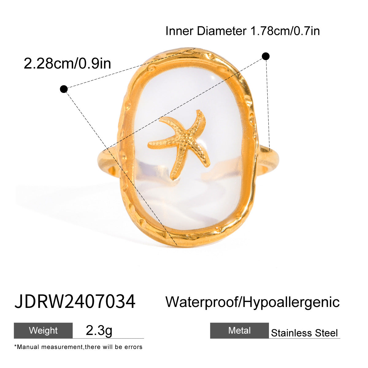 dimensions of a gold-colored open ring with an adjustable band featuring a starfish design in the center.