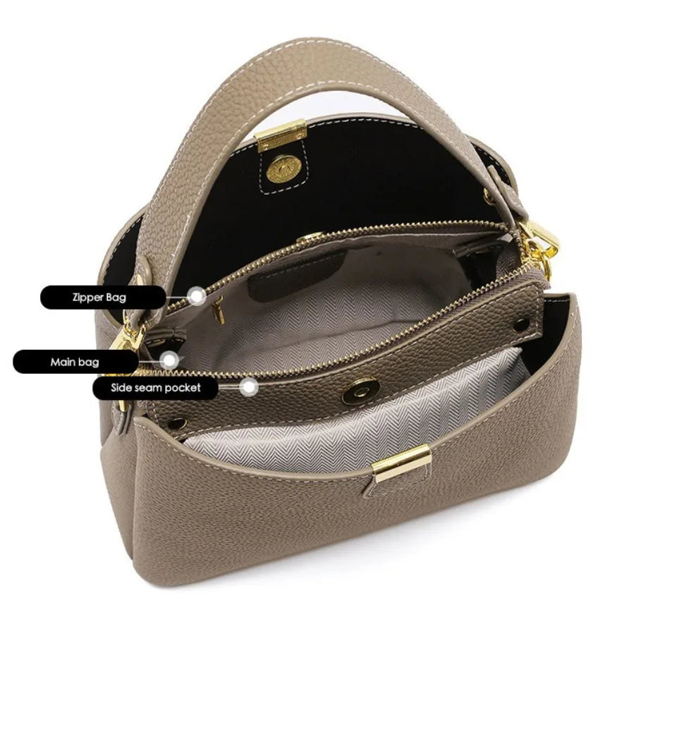 Brown handbag with labeled compartments on a white background