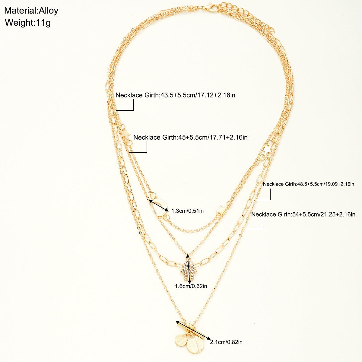 Dimension and size of A gold-colored retro-inspired necklace with geometric palm, star, and moon accents on a classic chain.