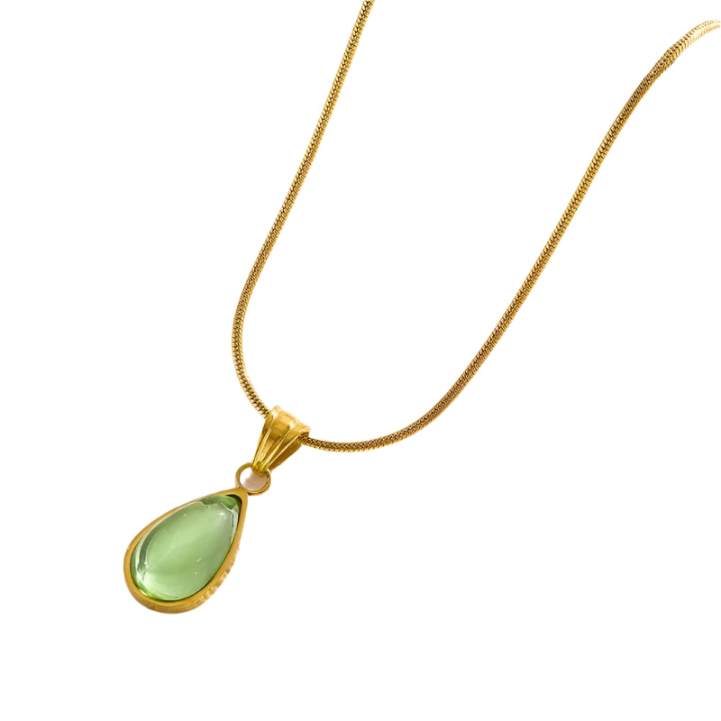 Green teardrop crystal pendant on 18K gold plated stainless steel chain