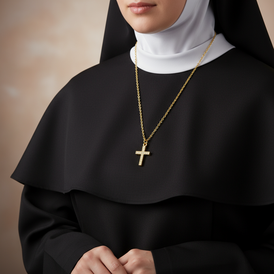 nun wearing 18k gold cz cross necklace