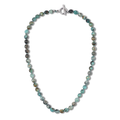 Handmade African turquoise bead necklace with stainless steel OT buckle – flat lay