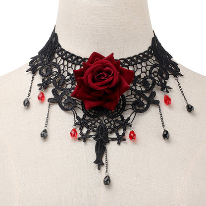 Black lace choker with a red rose on a mannequin