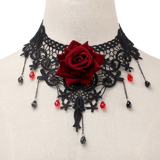 Black lace choker with a red rose on a mannequin