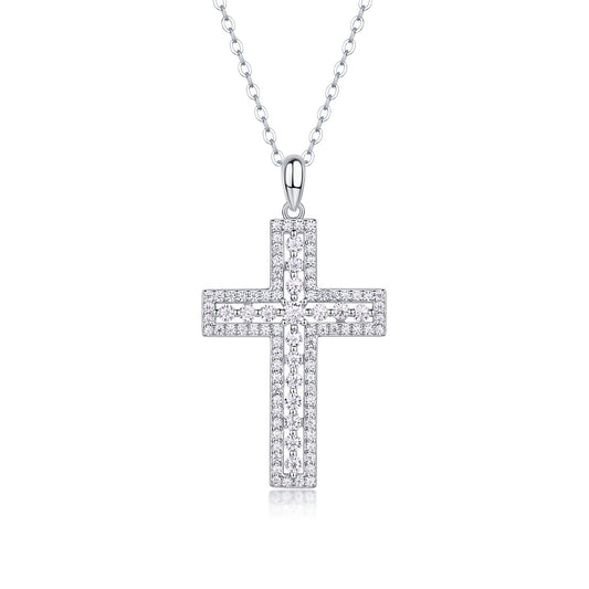 Shelter Moissanite Cross Pendant – Platinum-Plated S925 Sterling Silver Necklace