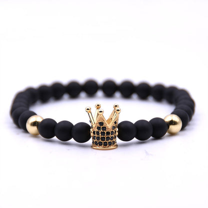 Matte black 6mm bead bracelet with copper crown and zircon inlay