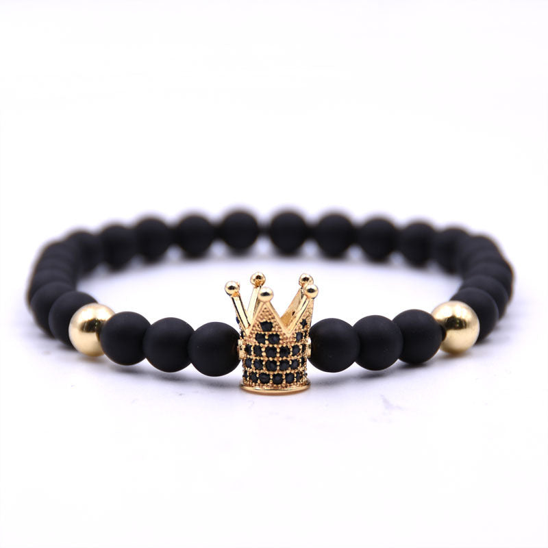 Matte black 6mm bead bracelet with copper crown and zircon inlay