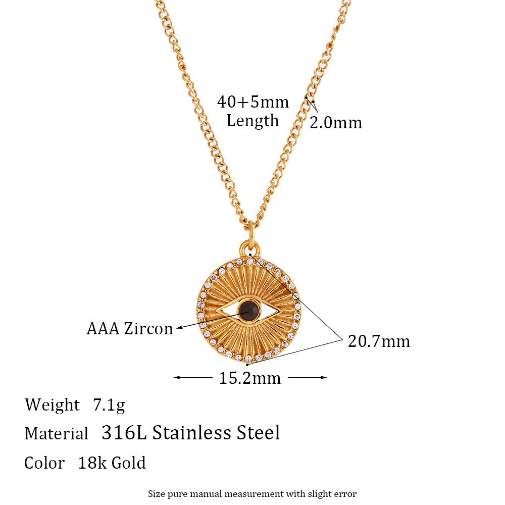 size Minimalist gold coin necklace with black eye rhinestone and rising sun design on stainless steel chain