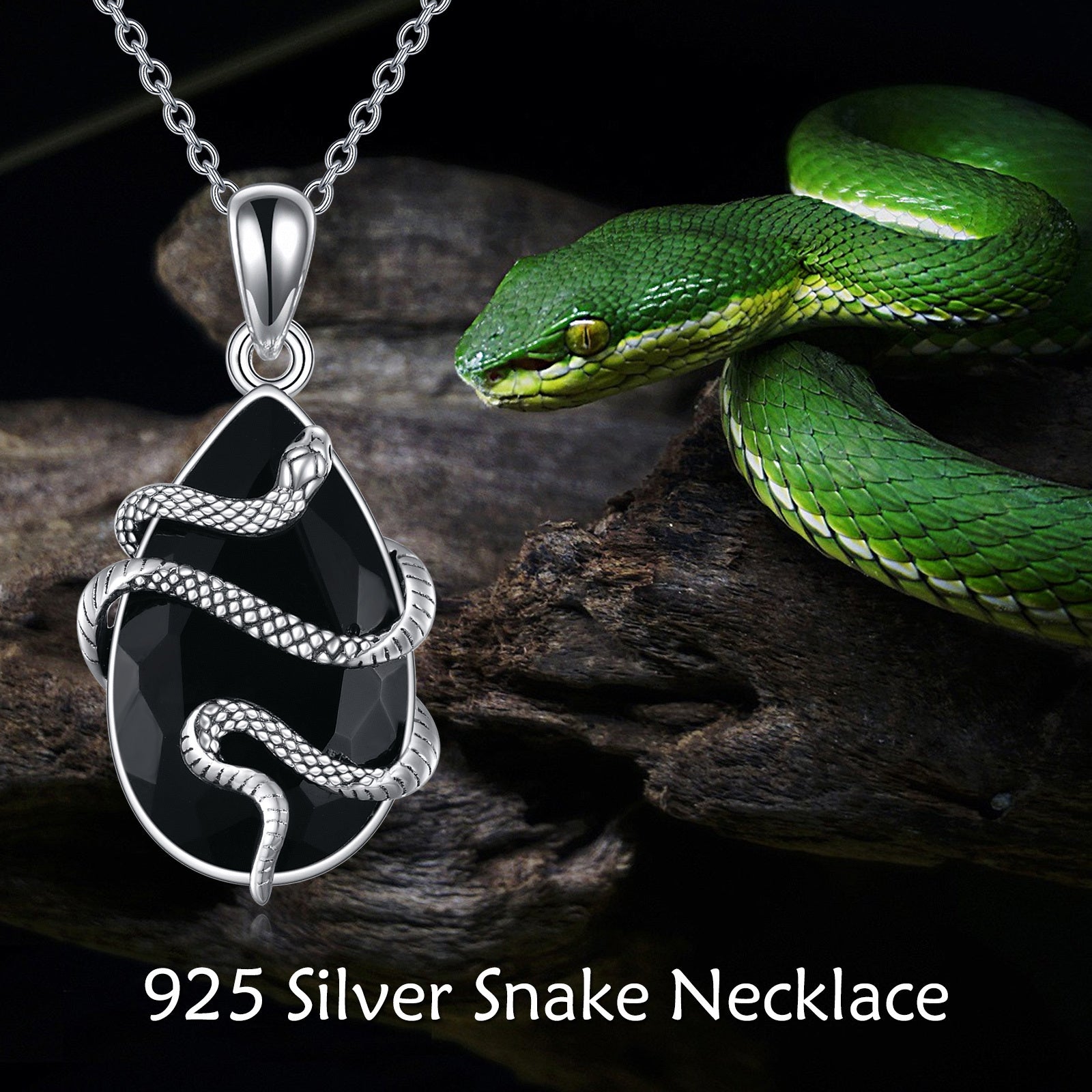 925 Silver Snake Necklace with a green snake on dark background