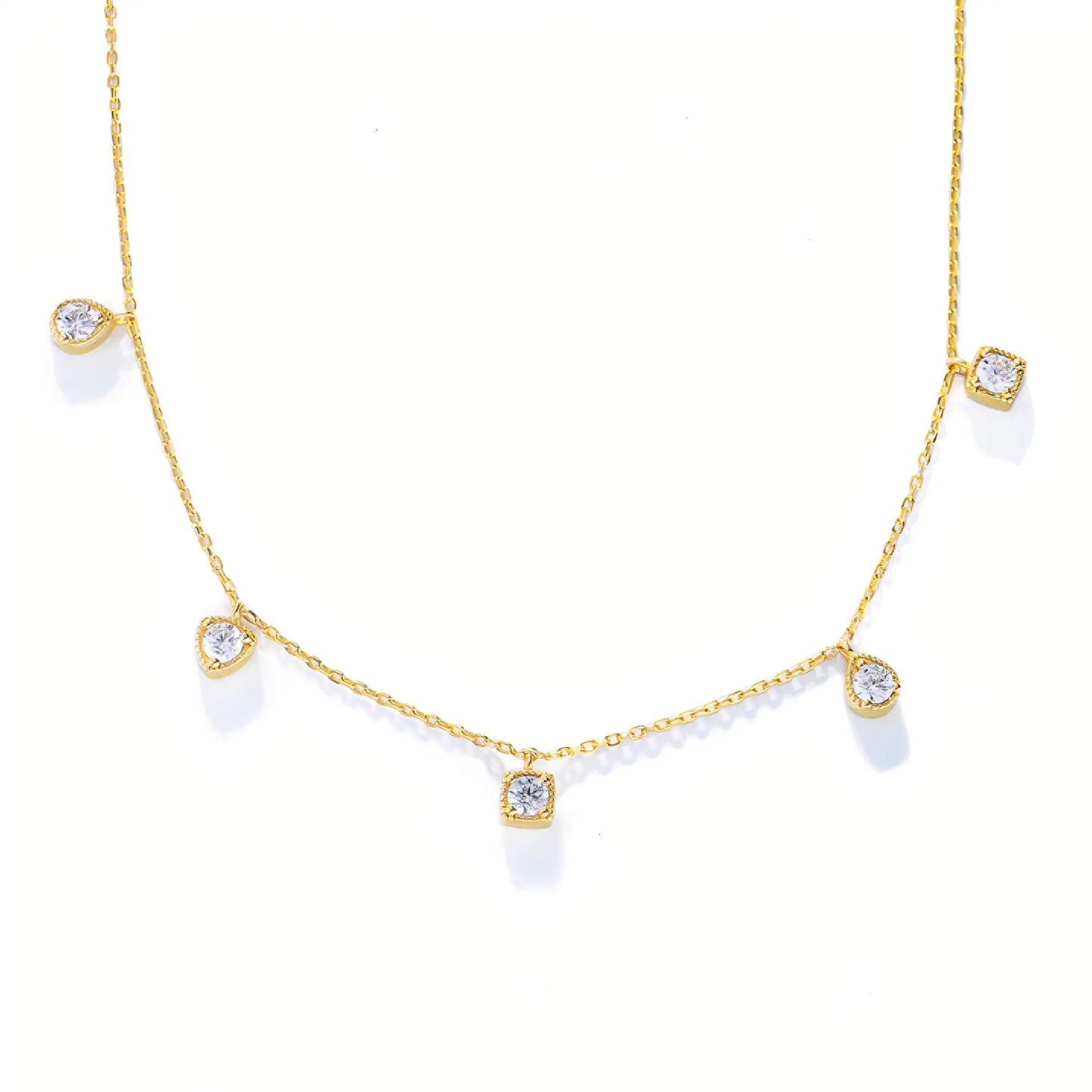 Arden Necklace – Dainty 20K PVD gold necklace with spaced CZ drop stones, perfect for layering and daily wear.