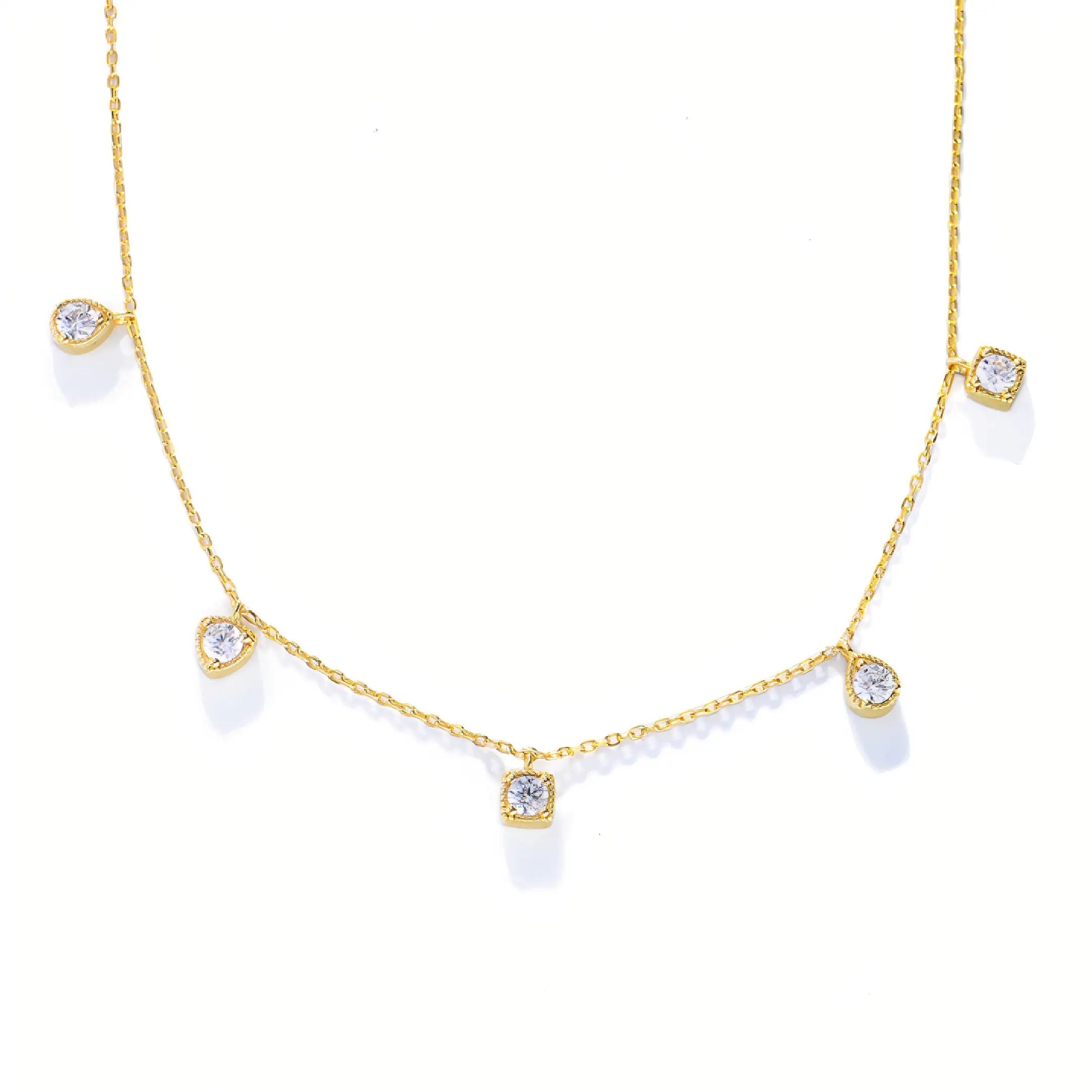 Arden Necklace – Dainty 20K PVD gold necklace with spaced CZ drop stones, perfect for layering and daily wear.