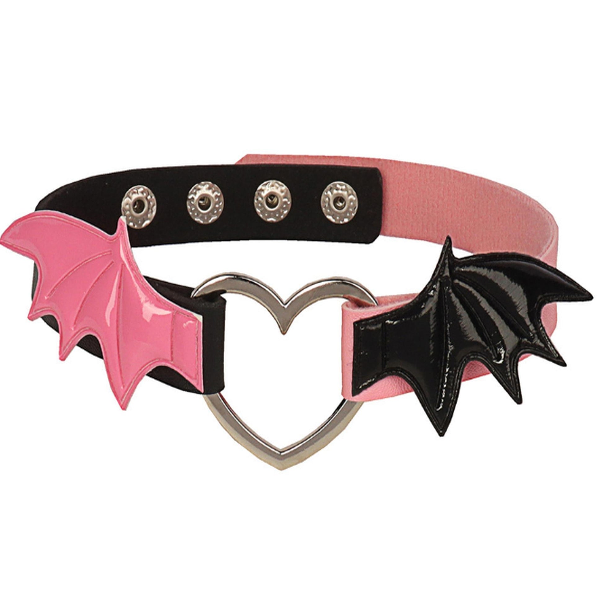 Pink and black choker with bat wings and a heart-shaped clasp on a white background