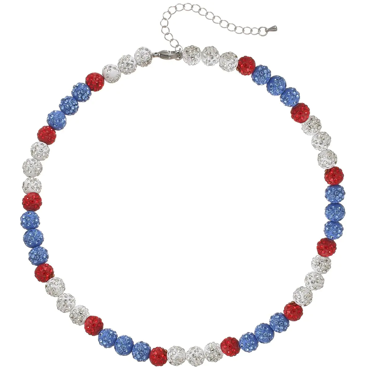 Red, white, and blue baseball bling necklace with crystal-inlaid beads from the COGU Ice Collection, designed for athletes and sports fans.