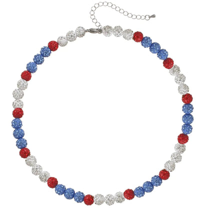 Red, white, and blue baseball bling necklace with crystal-inlaid beads from the COGU Ice Collection, designed for athletes and sports fans.