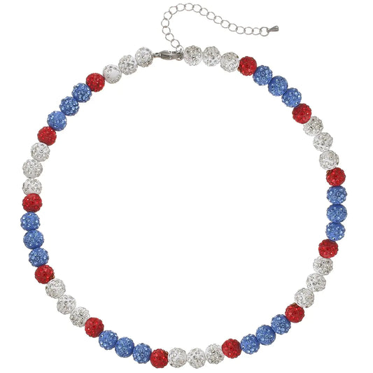 Red, white, and blue baseball bling necklace with crystal-inlaid beads from the COGU Ice Collection, designed for athletes and sports fans.