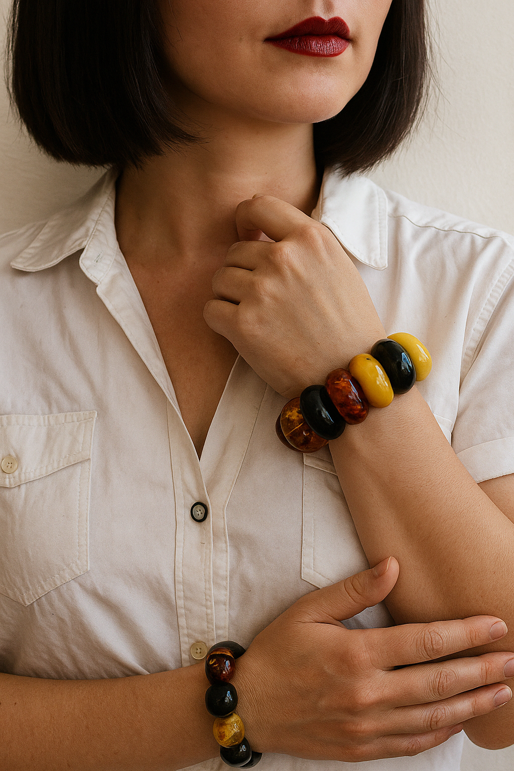 woman wearing baltic handmade bracelets
