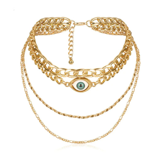 Crew Necklace layered with gold chains and evil eye pendant