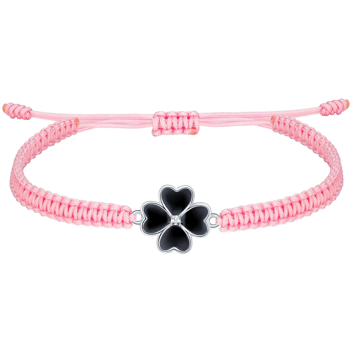 Pink ribbon adjustable bracelet with black flower clover charm on silver base