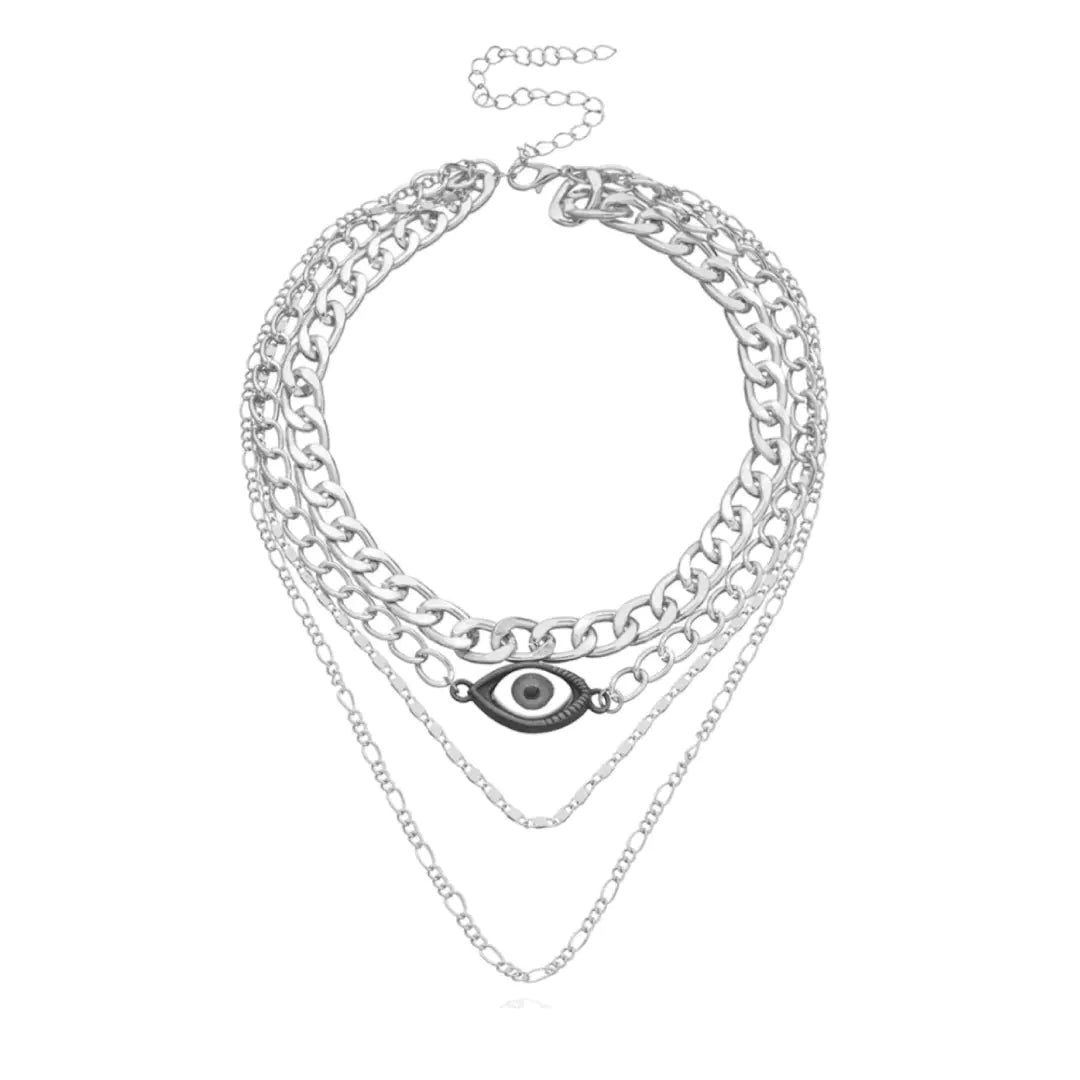 Silver layered crew necklace with evil eye center