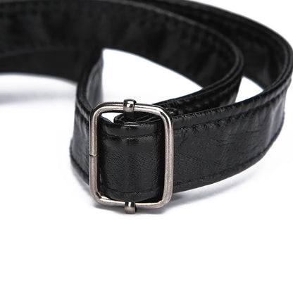 Black leather belt with a silver buckle on a white background