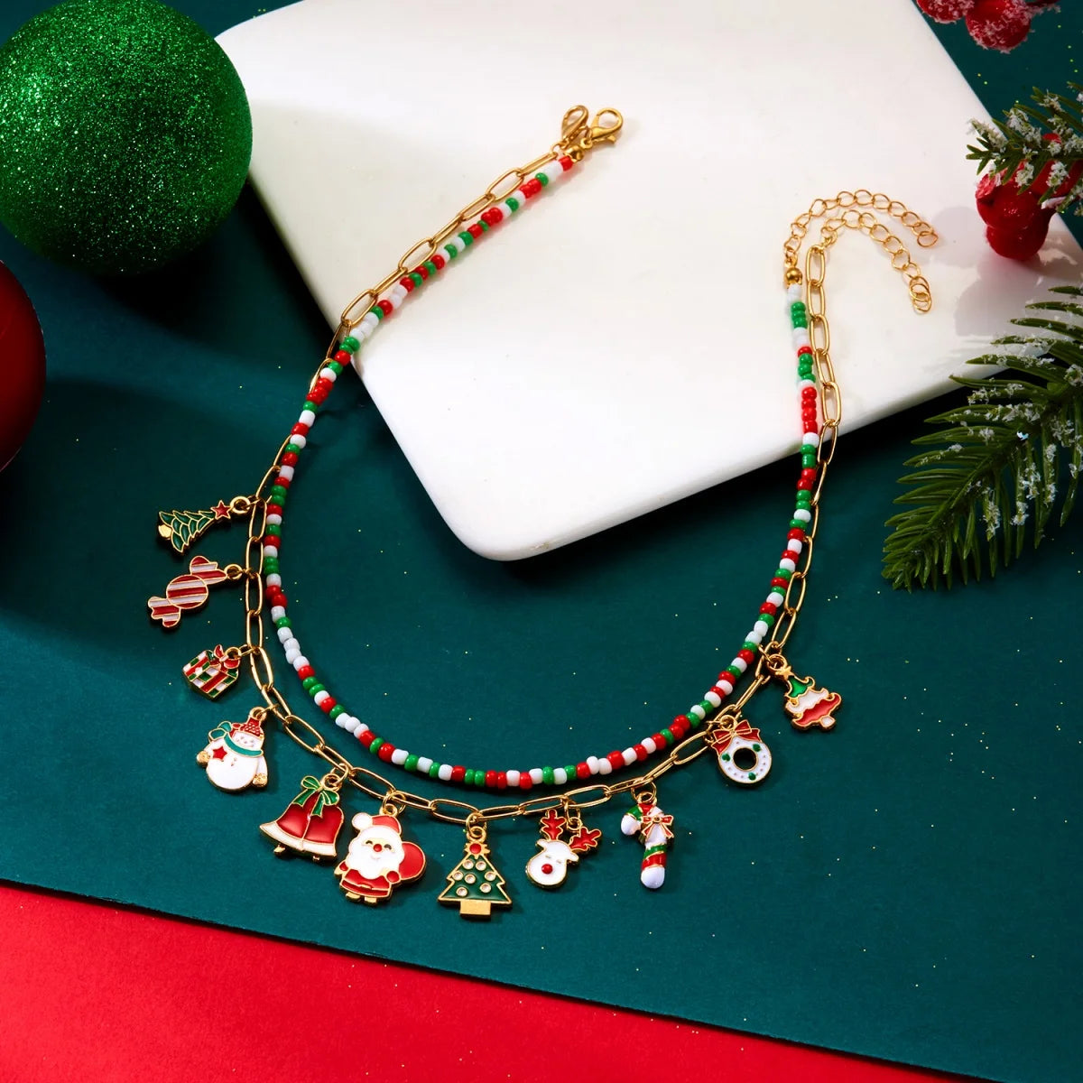 Holiday Charm Clay Bead Necklace – Snowflake, Gingerbread, Tree, Snowman & Reindeer Pendant Choker