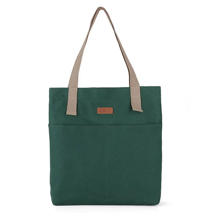Green tote bag with beige straps on a white background
