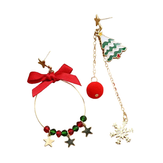 Two Christmas-themed earrings on a beige background with flowers.