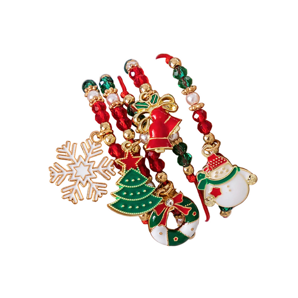 Set of Christmas-themed keychains with snowflake, tree, and snowman designs on a white background.