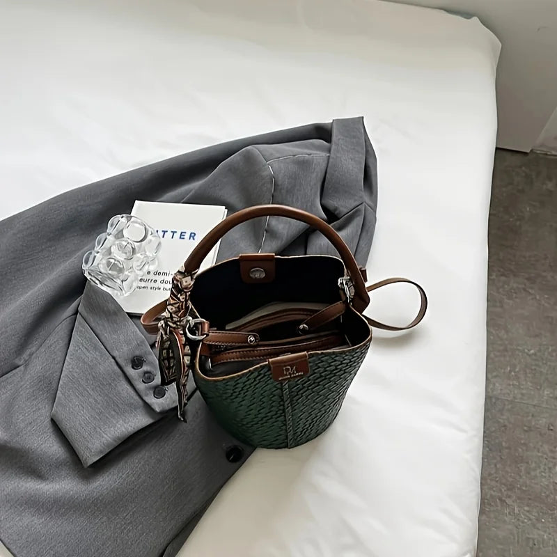 Brown handbag on a white surface with gray fabric and a glass item.