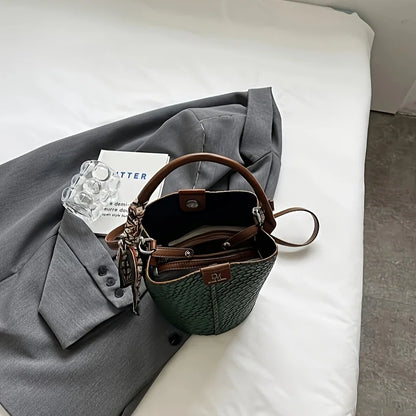Brown handbag on a white surface with gray fabric and a glass item.