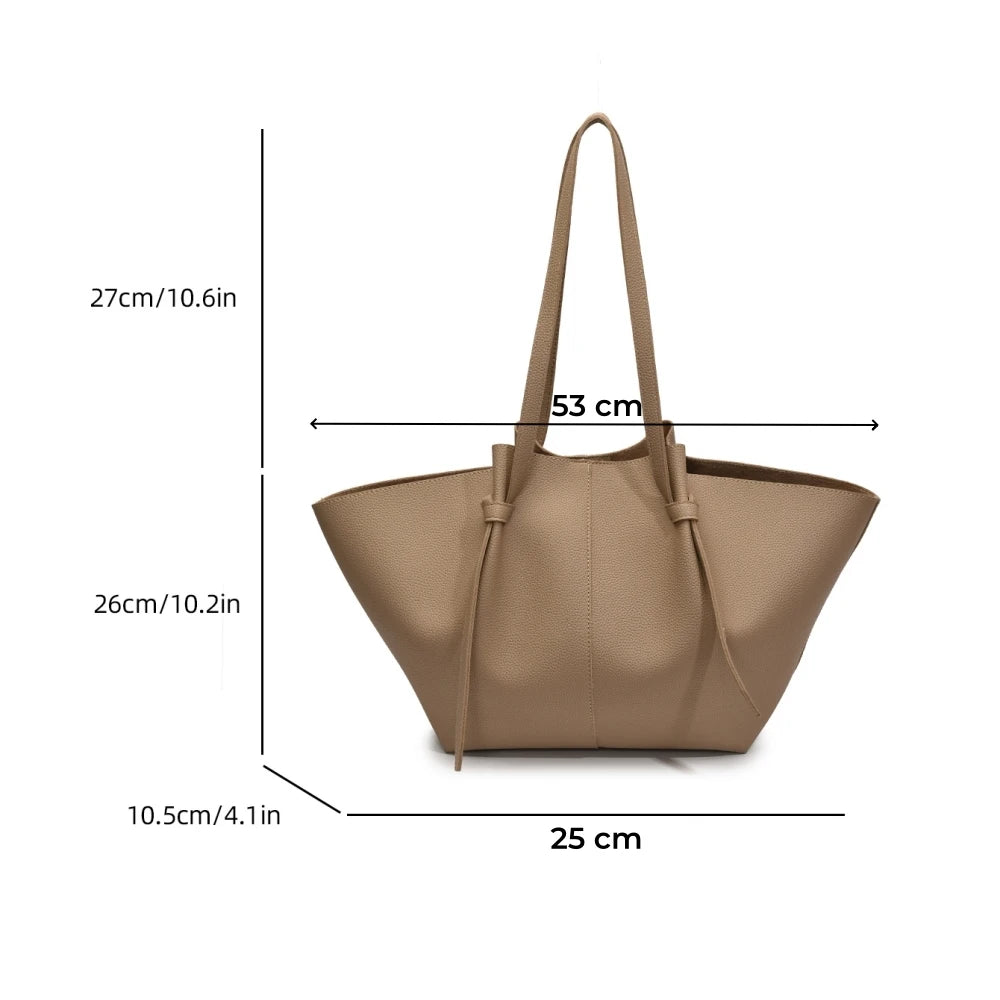 Brown tote bag with dimensions indicated on a white background
