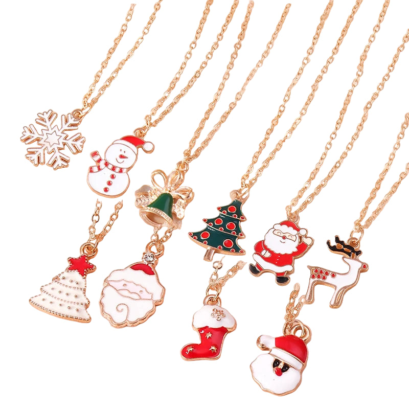 Set of Christmas-themed necklaces with various pendants on a beige background