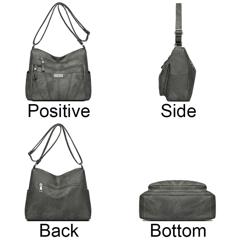 Gray handbag shown from multiple angles on a white background