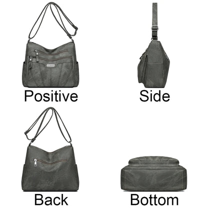 Gray handbag shown from multiple angles on a white background