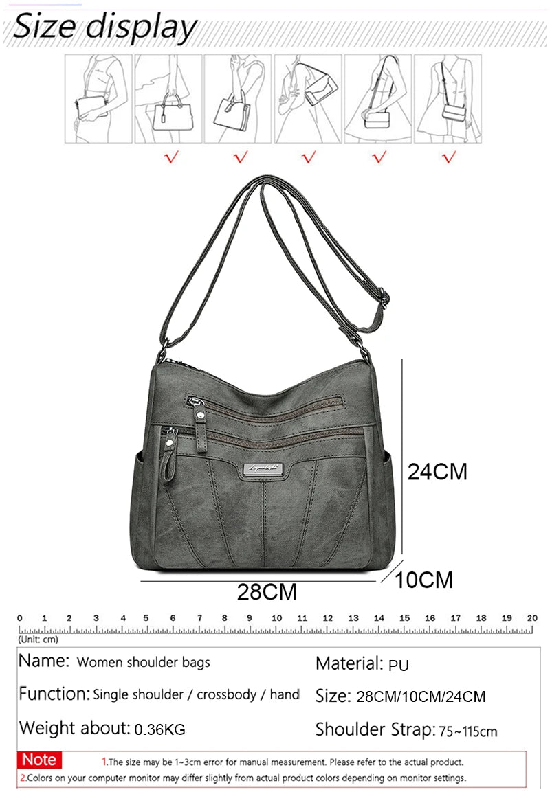 Gray shoulder bag with measurements and size display on a white background