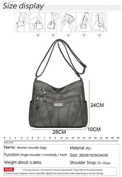 Gray shoulder bag with measurements and size display on a white background