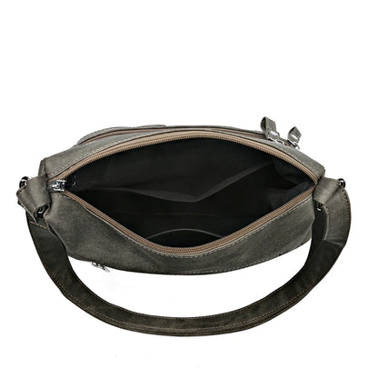 Gray shoulder bag with a black interior on a white background