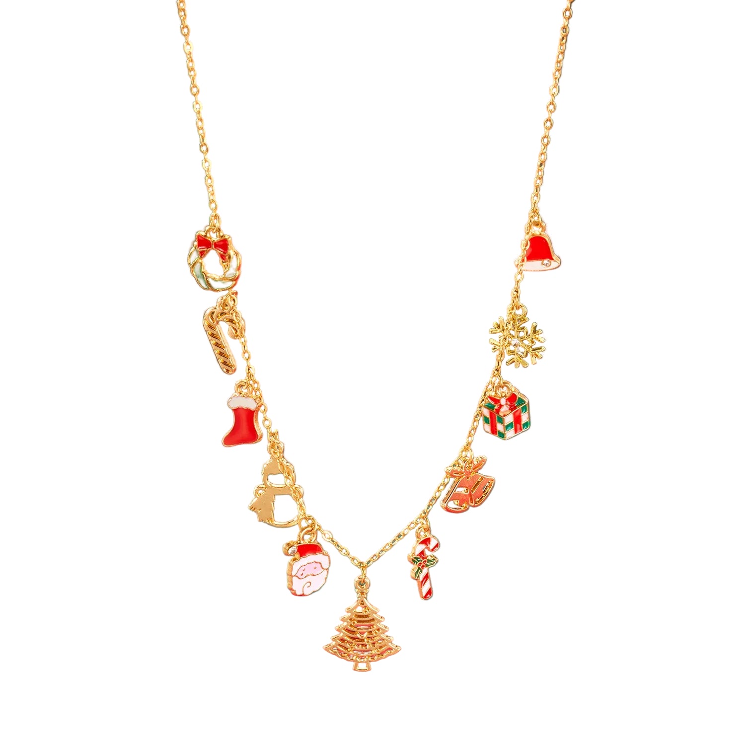 Gold necklace with Christmas-themed charms on a red and blue background.