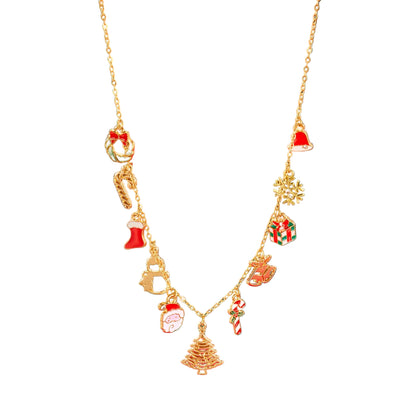 Gold necklace with Christmas-themed charms on a red and blue background.