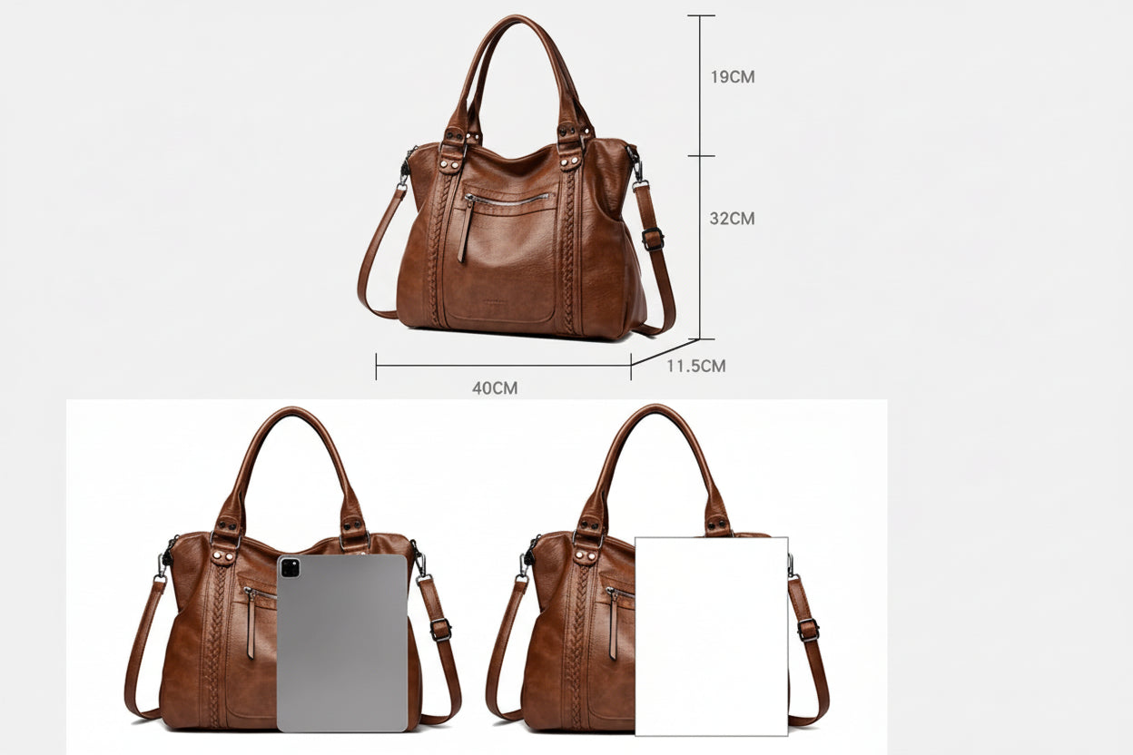 Brown handbag with dimensions on a white background
