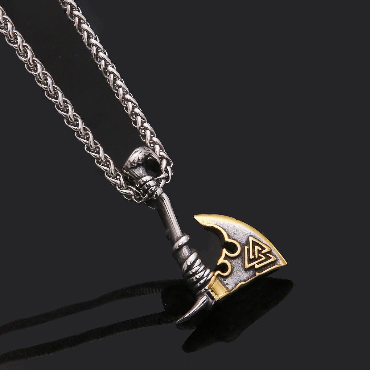 Titanium steel axe pendant necklace on a stainless twist chain for men and women.