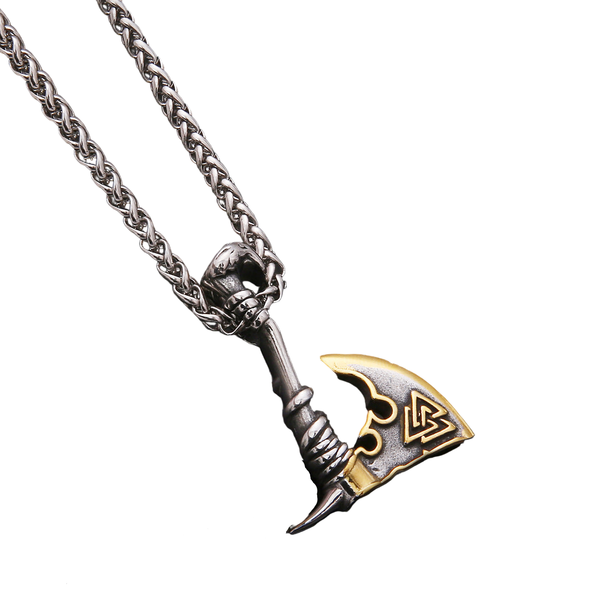 Titanium steel axe pendant necklace on a stainless twist chain for men and women.