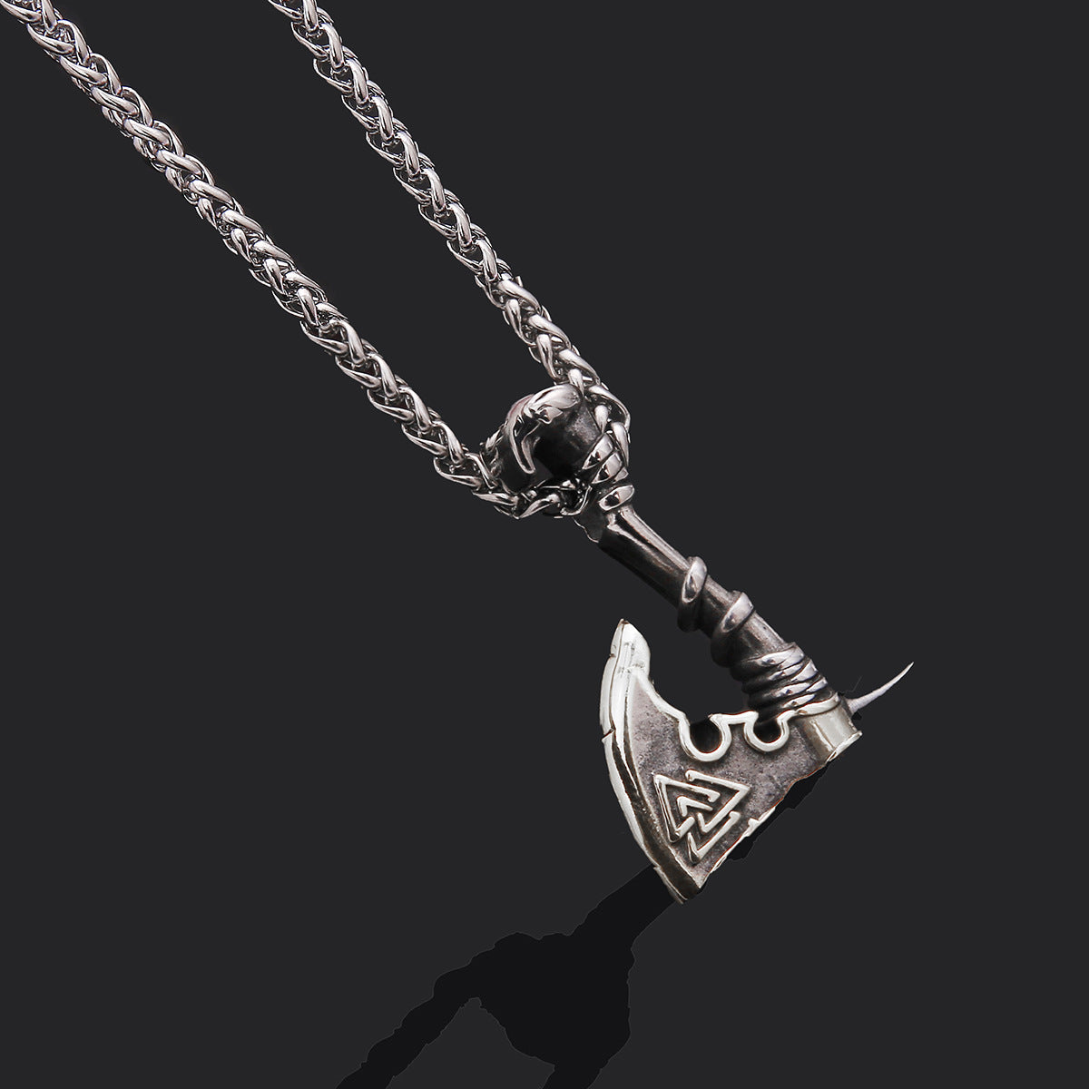 Titanium steel axe pendant necklace on a stainless twist chain for men and women.
