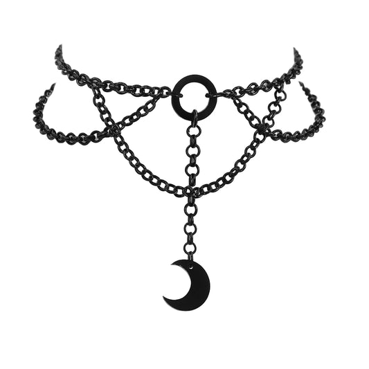 Black chain choker necklace with a crescent moon pendant on a white background