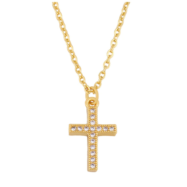 Gold Divine Necklace featuring 18K gold cross pendant with CZ stones on adjustable chain – elegant faith-inspired jewelry.